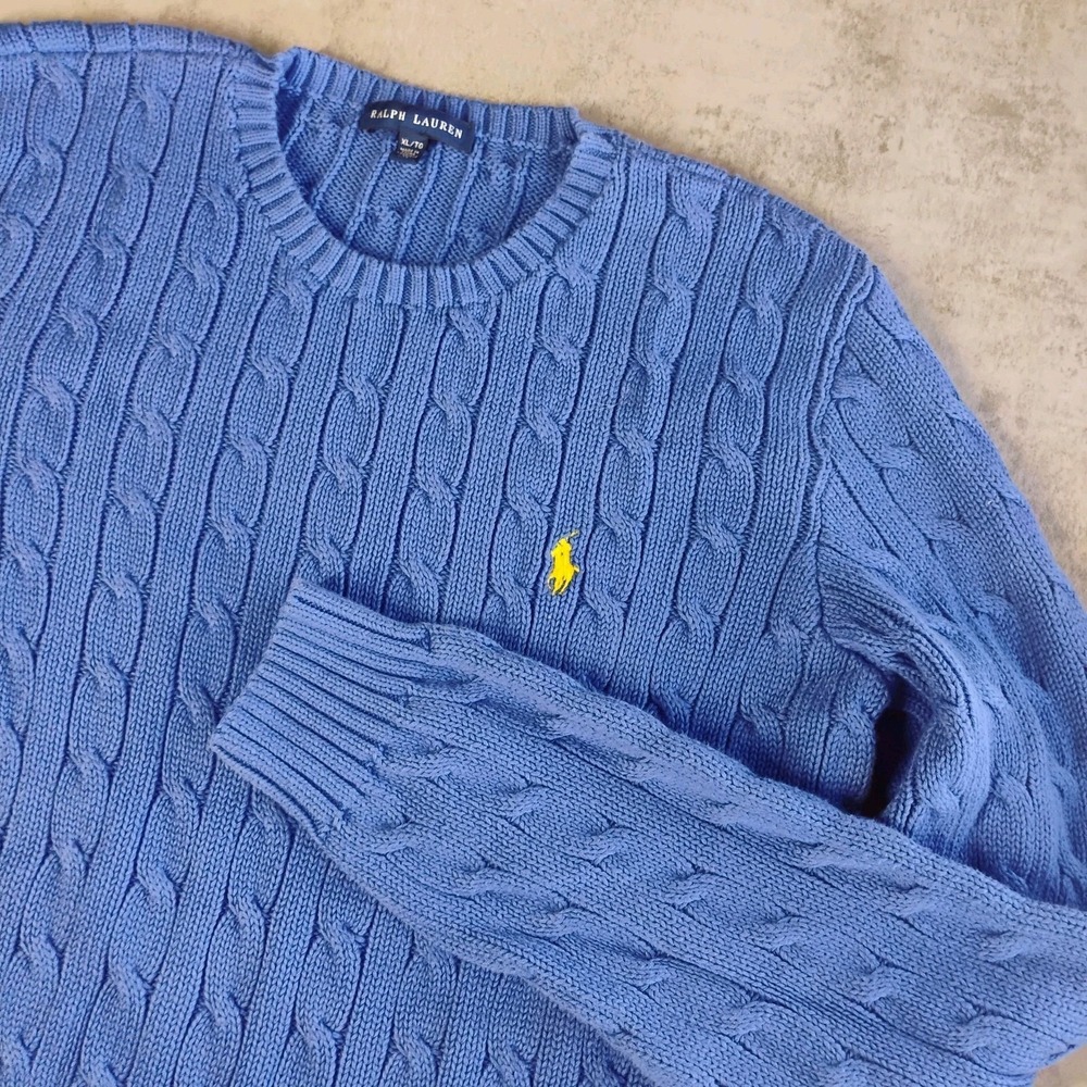 Vtg Ralph Lauren Cable Knit Sweater Womens XL Periwinkle Blue Pony Logo Preppy